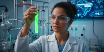 Cientista brasileiro em laboratório moderno analisando amostra para pesquisa científica