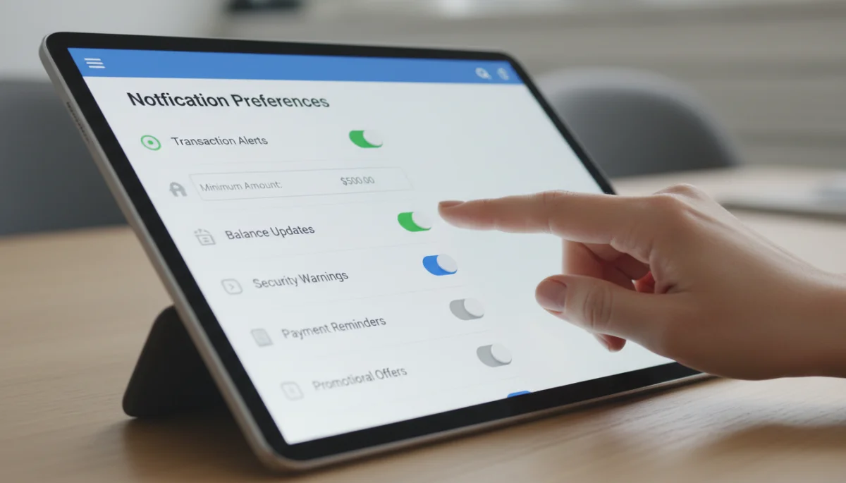 Configurações de notificações personalizadas em uma interface de banco digital.