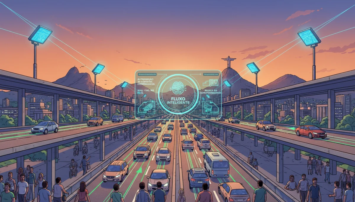 Sistema inteligente de gestão de tráfego em uma cidade brasileira, com sensores e inteligência artificial otimizando o fluxo de veículos.