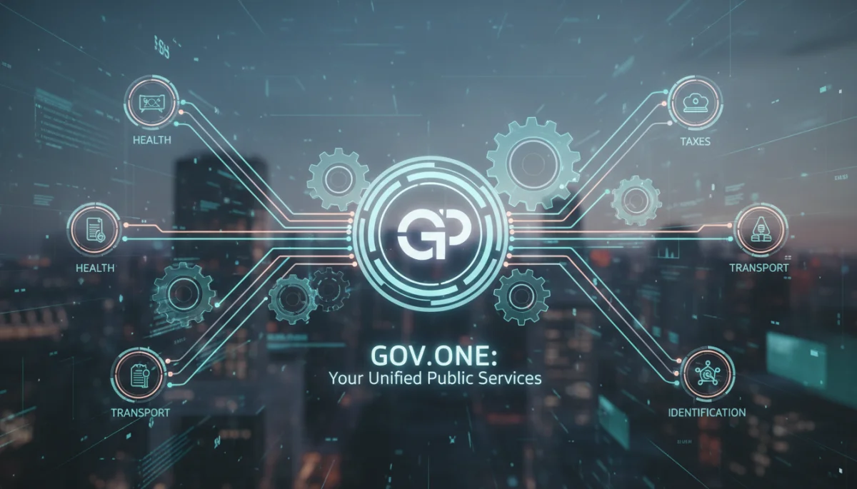 Representação gráfica da integração de serviços governamentais em uma plataforma digital unificada, simbolizando eficiência.