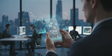 Pessoa visualizando notificações financeiras em um smartphone, com interface digital moderna.
