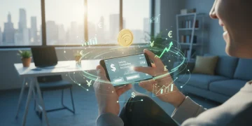 Pessoa sorrindo usando celular para gerenciar finanças em conta digital