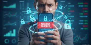 Pessoa preocupada olhando para o celular com tela de aplicativo bancário bloqueado, representando o bloqueio de conta digital.