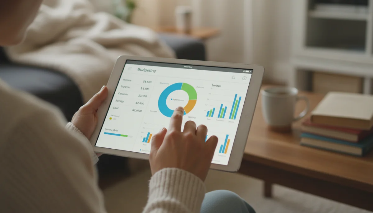 Pessoa utilizando um aplicativo de orçamento em tablet, com gráficos de despesas e receitas.
