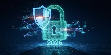 Cadeado digital e dados protegidos, simbolizando cibersegurança em 2026