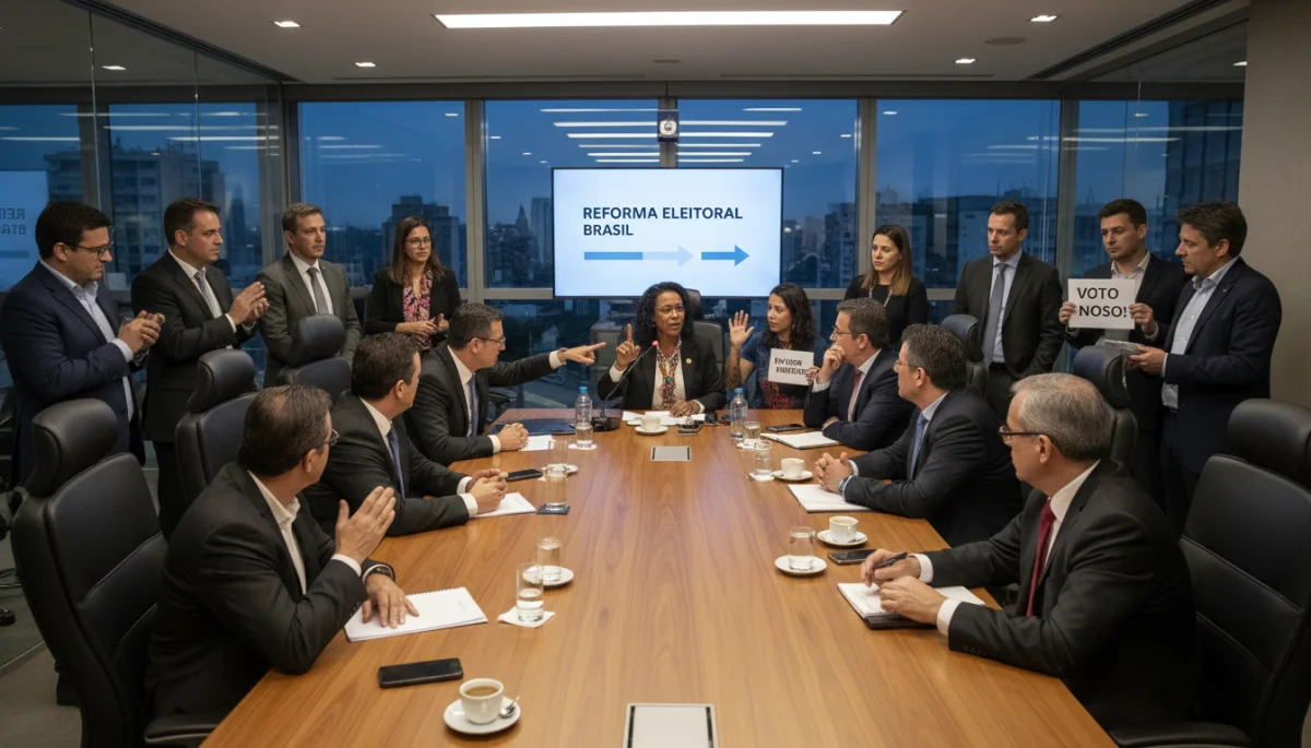 Representantes políticos e cidadãos debatendo as propostas de Reforma Eleitoral no Brasil.