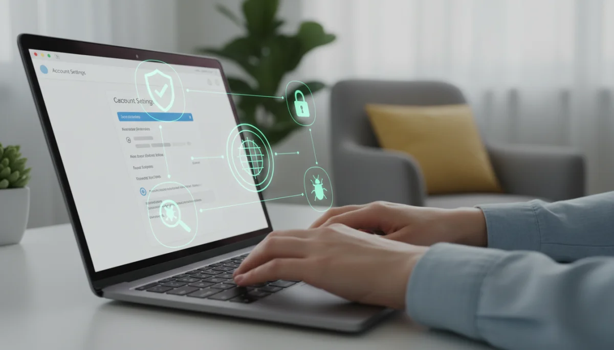 Mãos digitando em teclado de laptop com ícones de segurança digital, representando a proteção de dados.