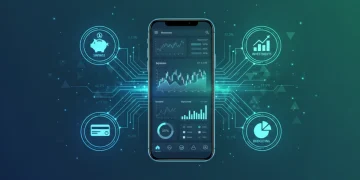Interface digital com ferramentas financeiras integradas e smartphone, simbolizando otimização de finanças.