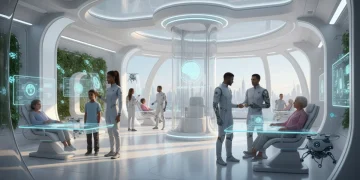 Médicos e pacientes em ambiente futurista de saúde com equipamentos avançados no Brasil