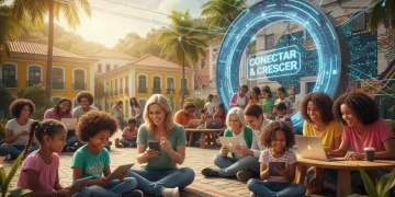 Pessoas de diversas idades utilizando dispositivos digitais em um ambiente comunitário, simbolizando a inclusão digital no Brasil.