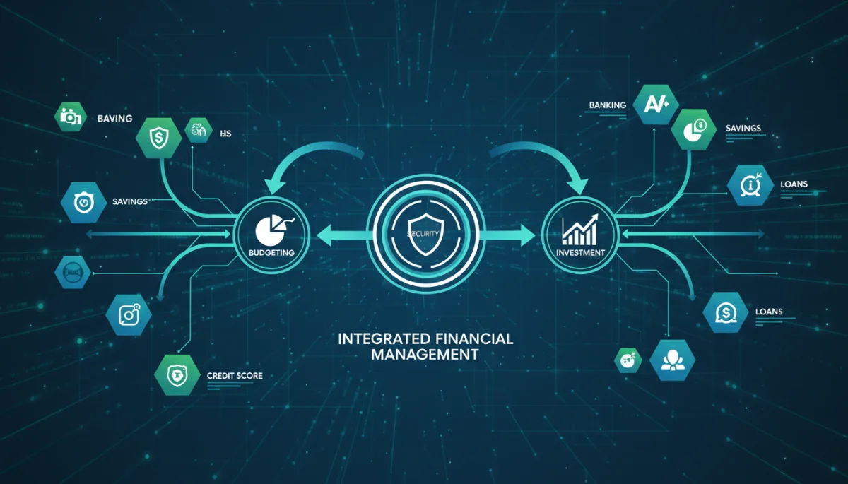 Infográfico de integração e sincronização de aplicativos financeiros digitais