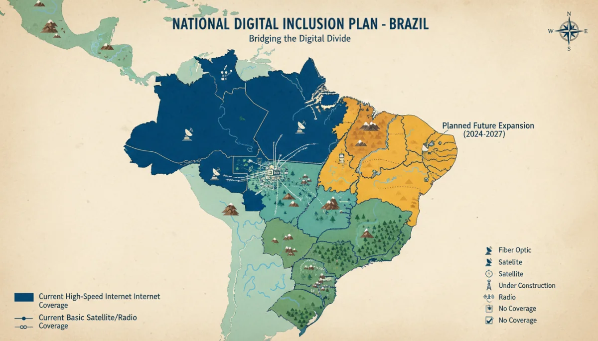 Mapa do Brasil detalhando a expansão da infraestrutura de internet e as áreas de inclusão digital.