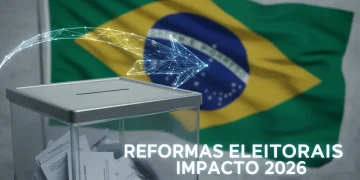 Urna eletrônica com bandeira do Brasil, simbolizando a Reforma Eleitoral de 2026 e suas mudanças políticas.
